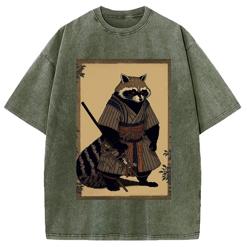 Modecanvas japanese Raccoon Samurai Washed T-Shirt