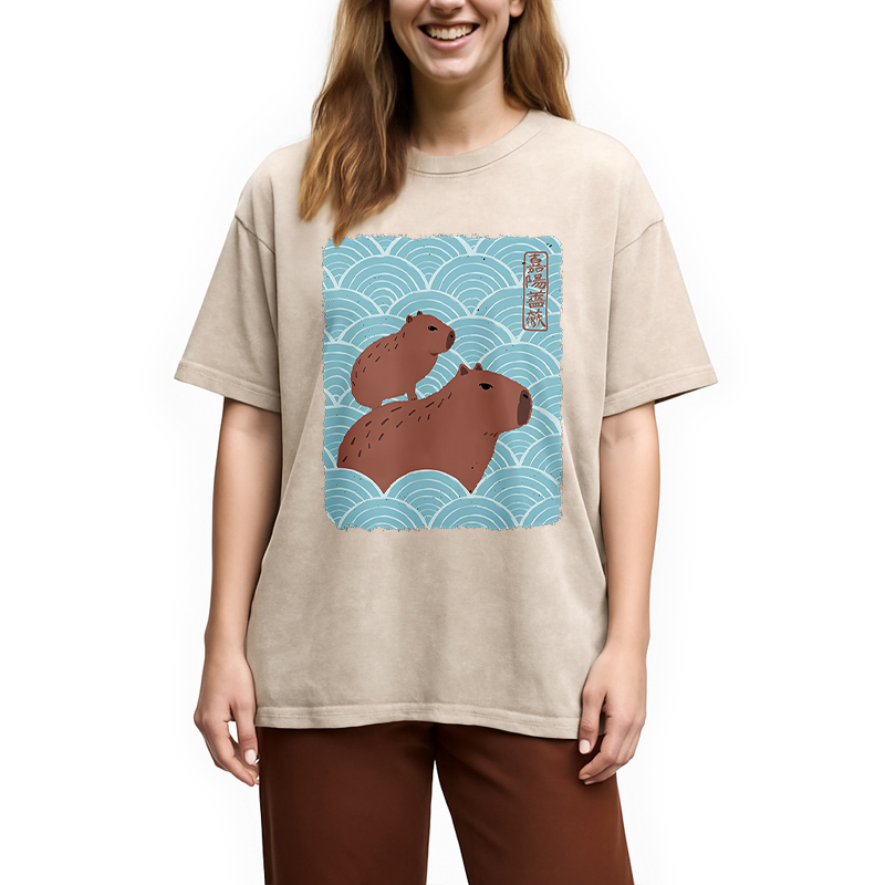 Modecanvas Kawaii Capybara Ukiyo-e Washed T-Shirt