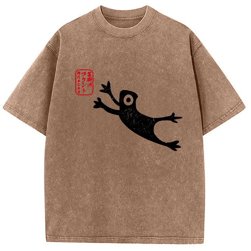 Modecanvas Funny Grumpy Japanese Frog Washed T-Shirt