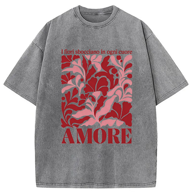 Modecanvas Red Floral Amore DTG Printing Washed T-Shirt-modecanvas