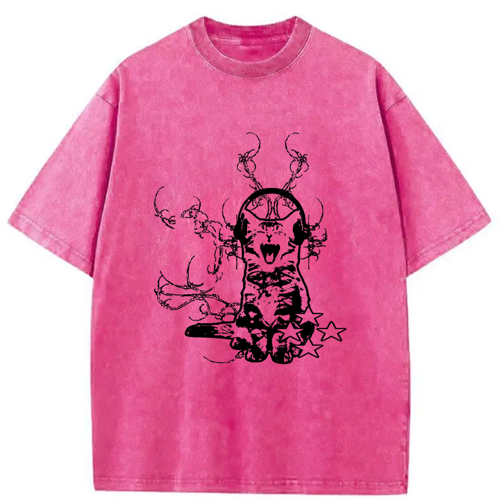 Modecanvas Funny Music Cat Washed T-Shirt