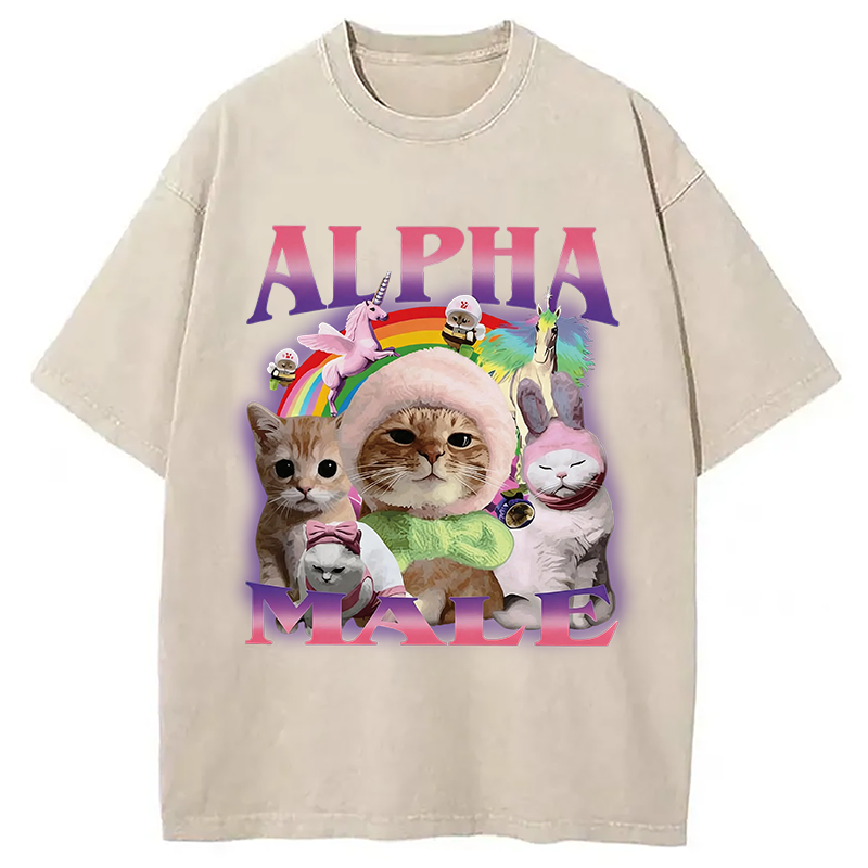 Modecanvas Alpha Male Funny Cat Meme DTG Printing Washed T-Shirt