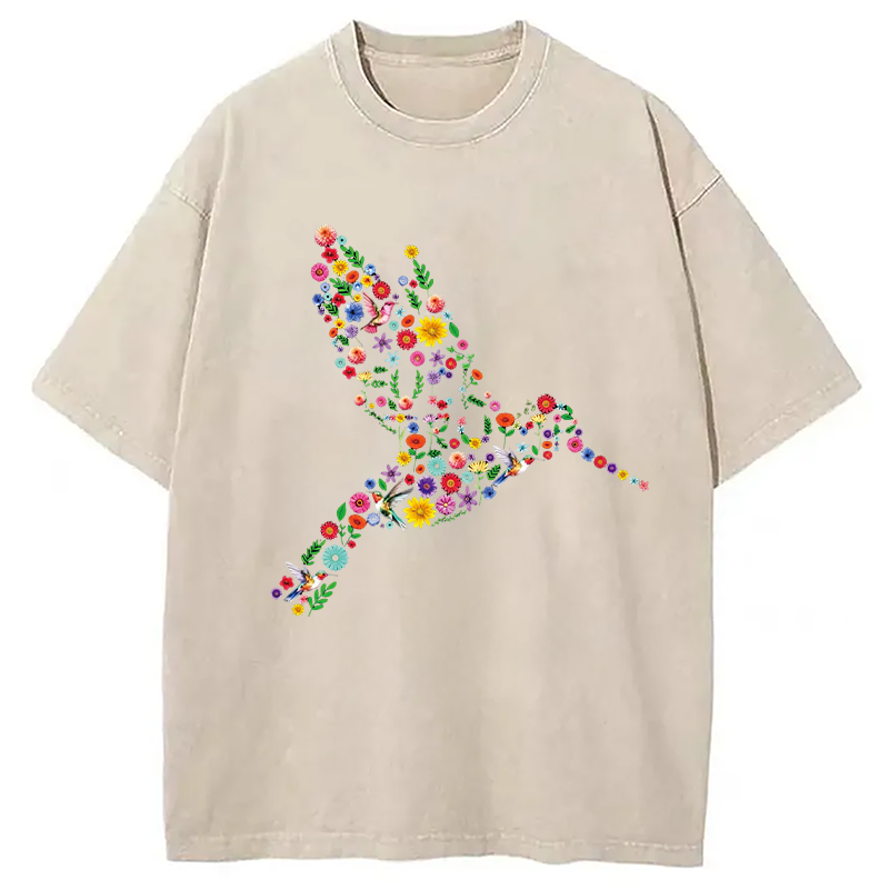 Modecanvas Floral Hummingbird DTG Printing Washed T-Shirt