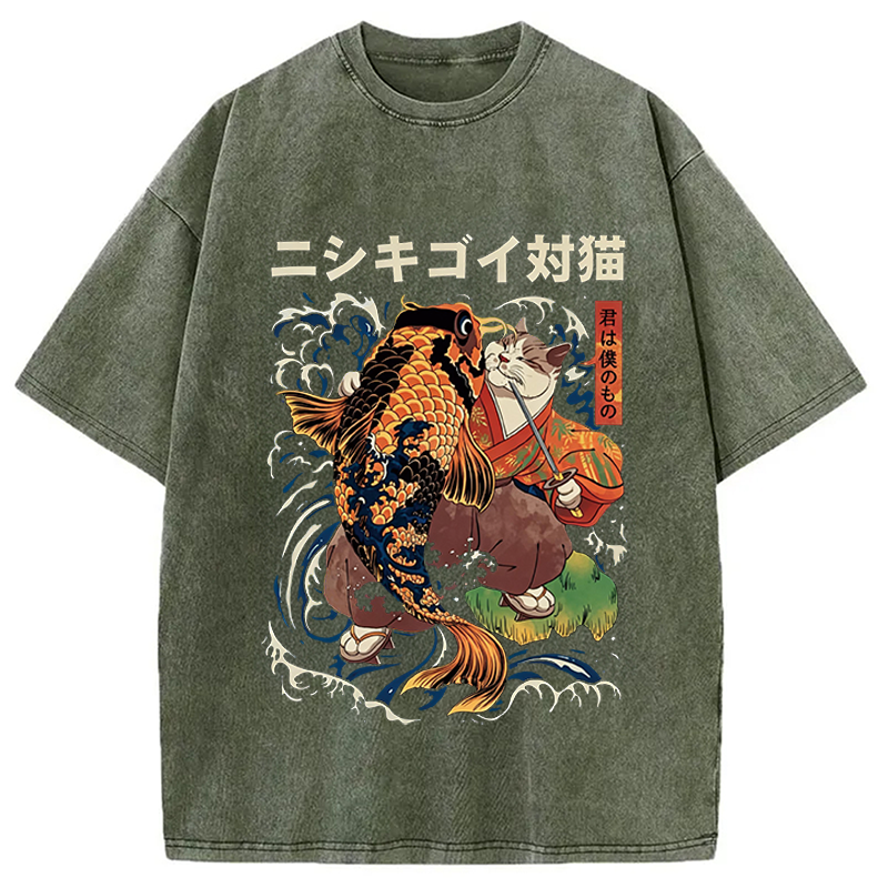 Modecanvas The Cat And The Koi DTG Printing Washed T-Shirt