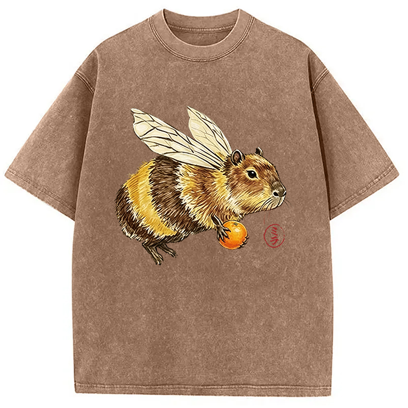Modecanvas Funny Capybara Bee Meme DTG Printing Washed T-Shirt