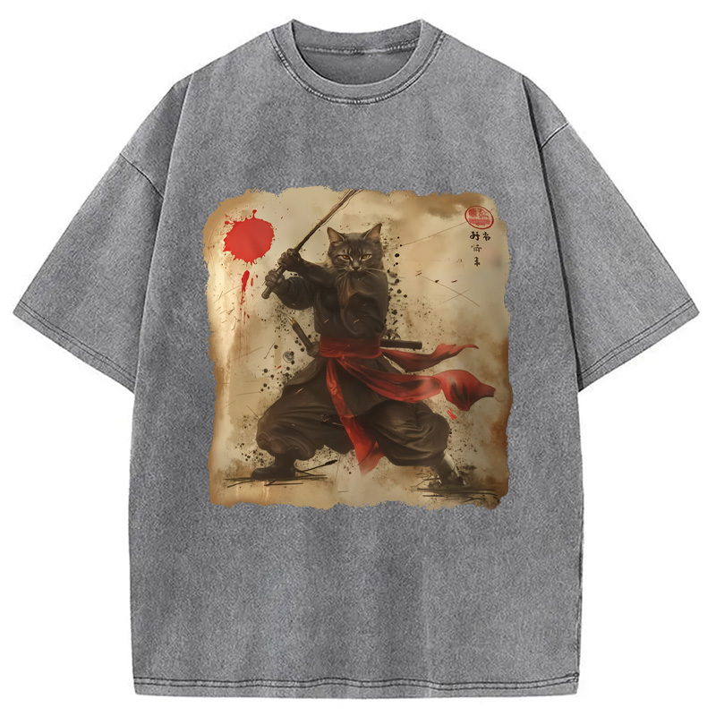 Modecanvas Vintage Samurai Cat Washed T-Shirt