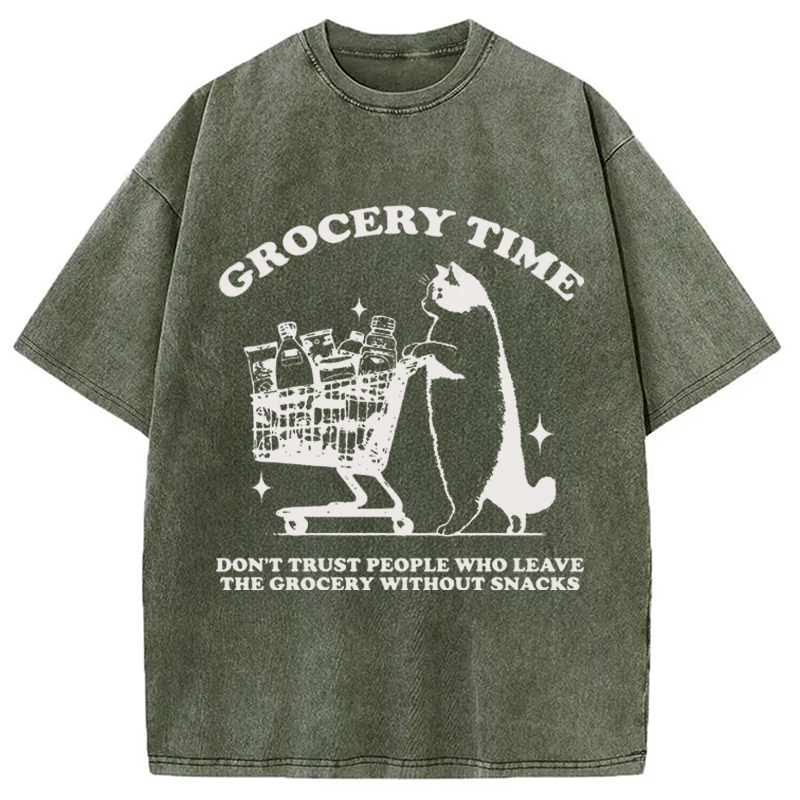 Modecanvas Grocery Time Funny Cat DTG Printing Washed T-Shirt