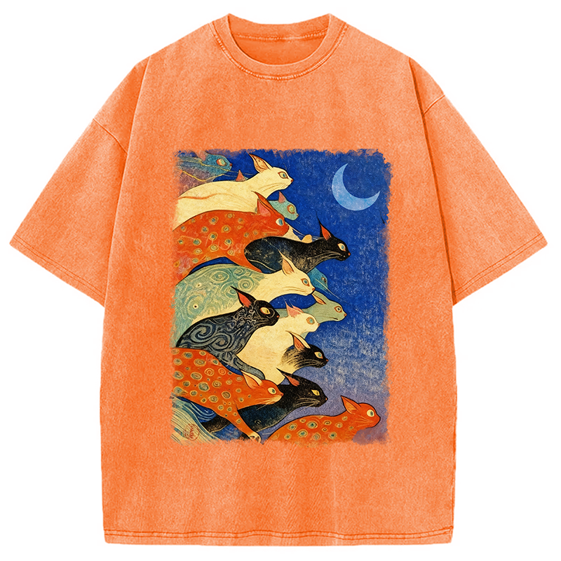 Modecanvas Colorful Flowing Cats Washed T-Shirt