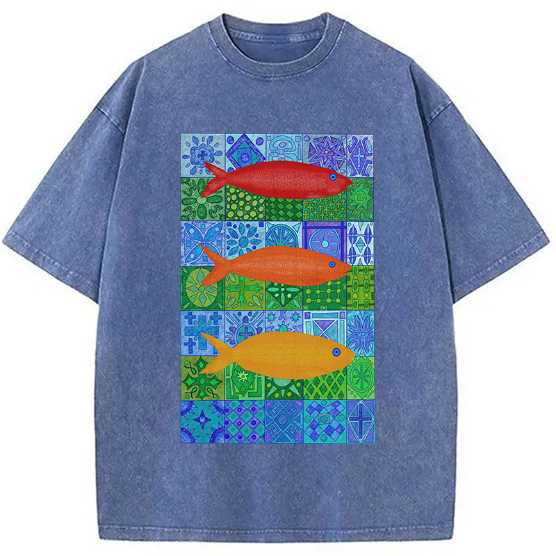 Modecanvas Three Fishes DTG Printing Washed T-Shirt