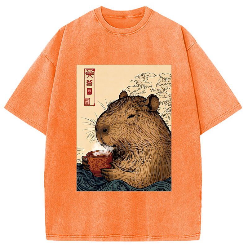 Modecanvas Capybara with Morning Tea DTG Printing Washed T-Shirt