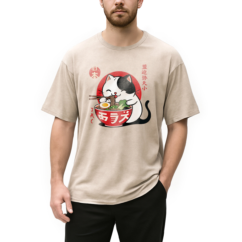 Modecanvas Japanese Ramen Cat DTG Printing Washed T-Shirt