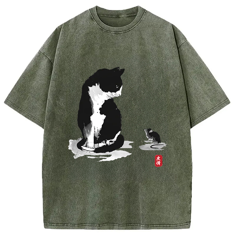 Modecanvas Cat And Mouse Friendship Washed T-Shirt