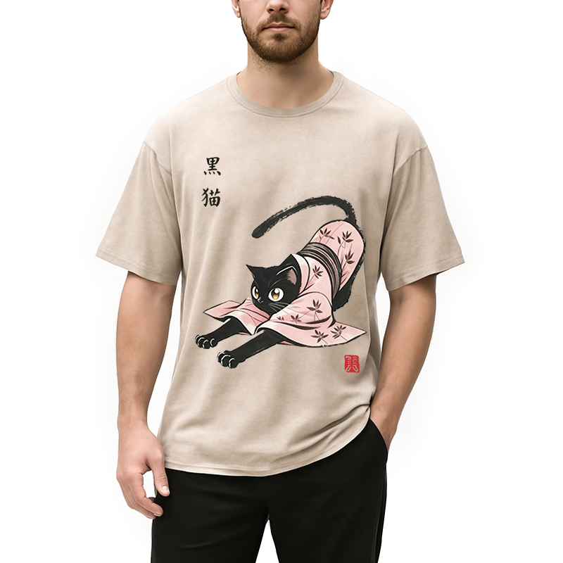 Modecanvas Yoga Black Cat DTG Printing Washed T-Shirt