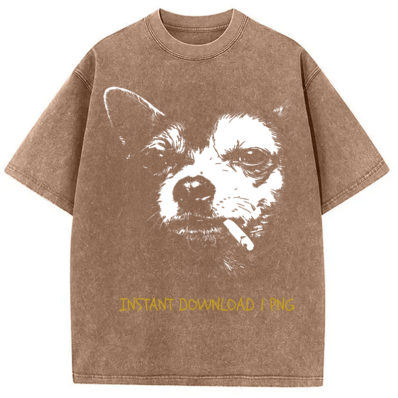 Modecanvas Funny Smoking Chihuahua DTG Printing Washed T-Shirt