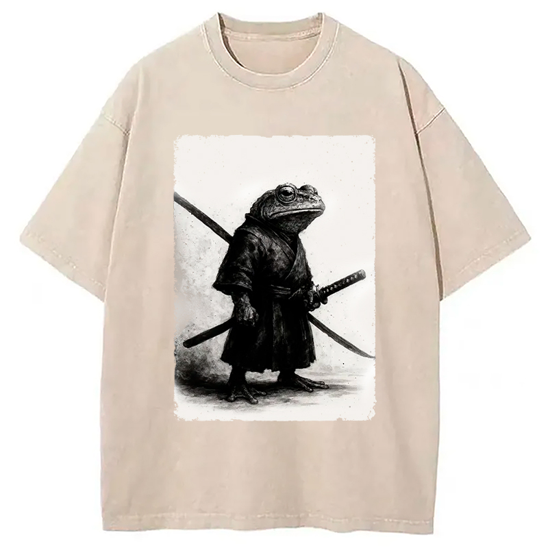 Modecanvas Retro Frog Samurai Japanese Washed T-Shirt