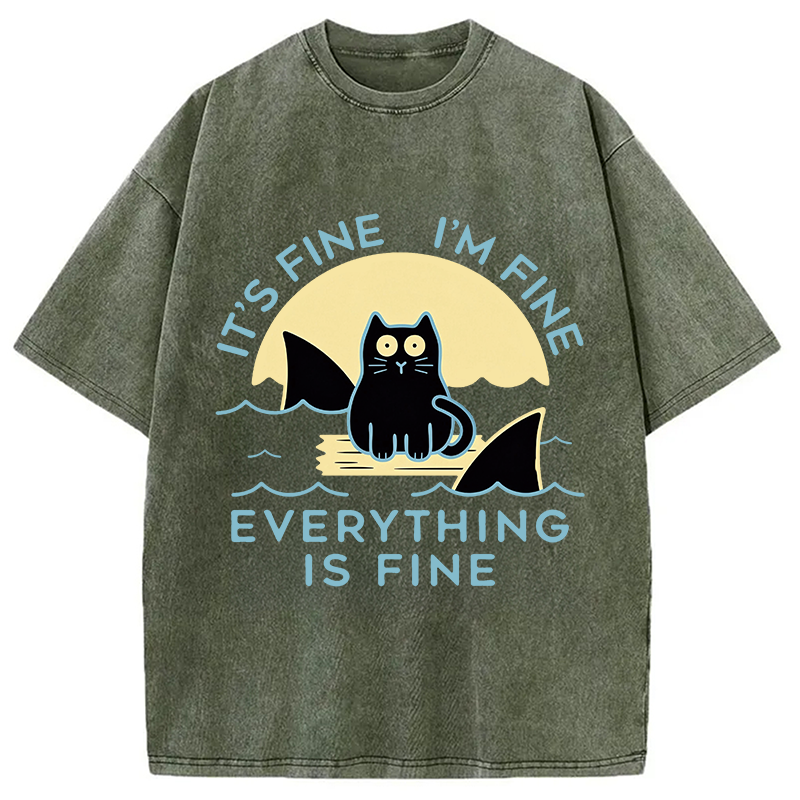 Modecanvas Everything Is Fine Cat Sea DTG Printing Washed T-Shirt