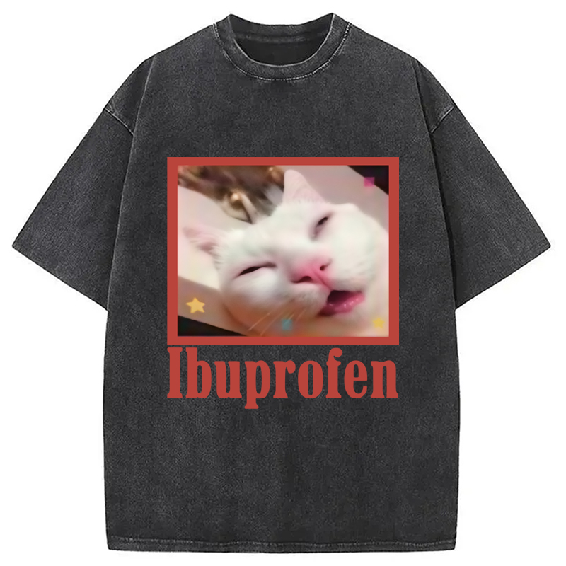 Modecanvas Ibuprofen Meme Cat Benny Cute Washed T-Shirt-modecanvas