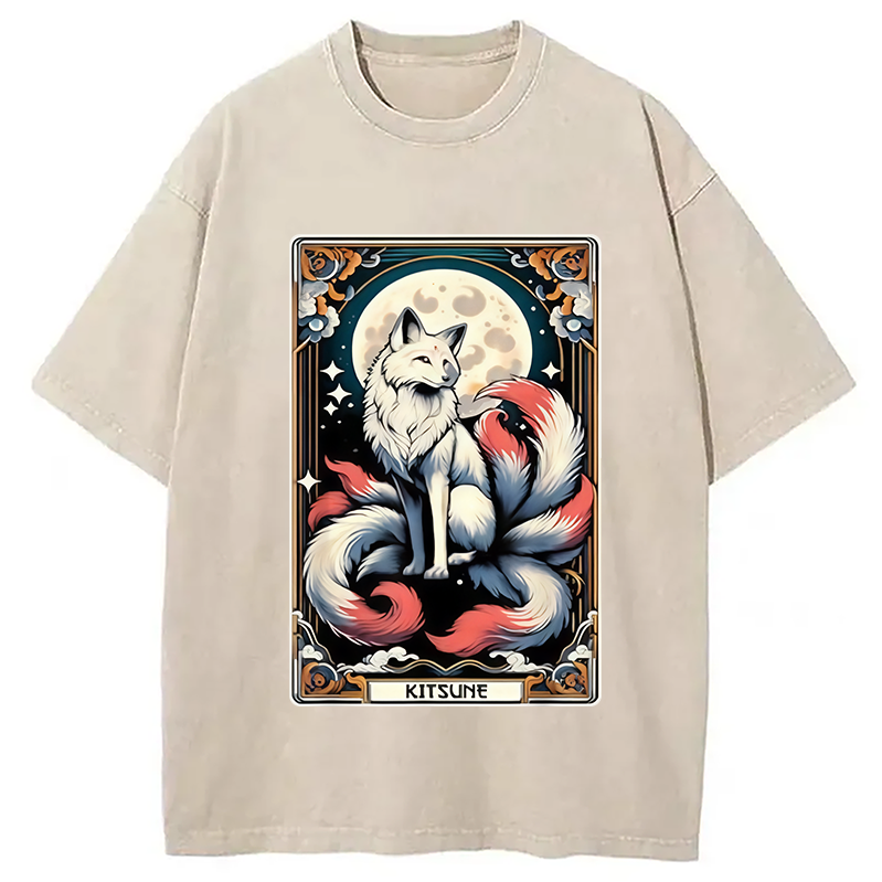 Modecanvas Japanese Kitsune Fox Nine Tailed Fox Tarot Washed T-Shirt