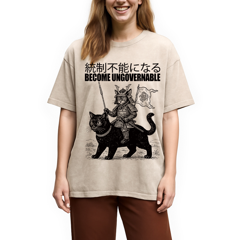Modecanvas Become Ungovernable Japanese Funny Cat Samurai Riding A Cat DTG Printing Washed T-Shirt-modecanvas