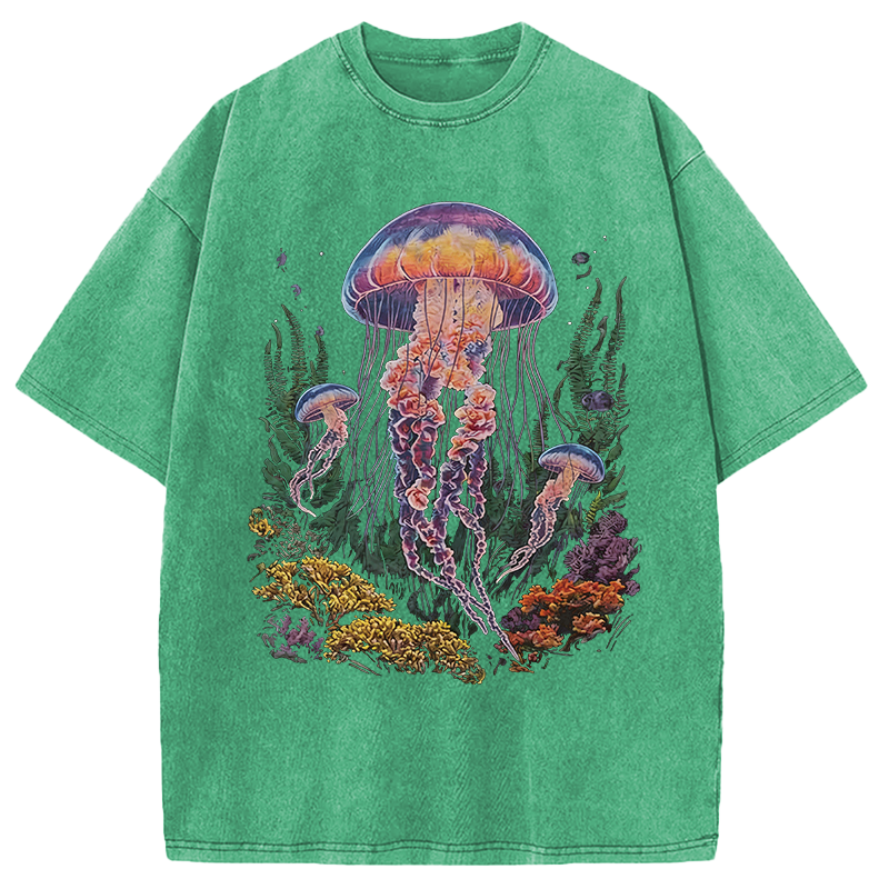 Modecanvas Vintage Jellyfish Dark Ocean Grunge DTG Printing Washed T-Shirt
