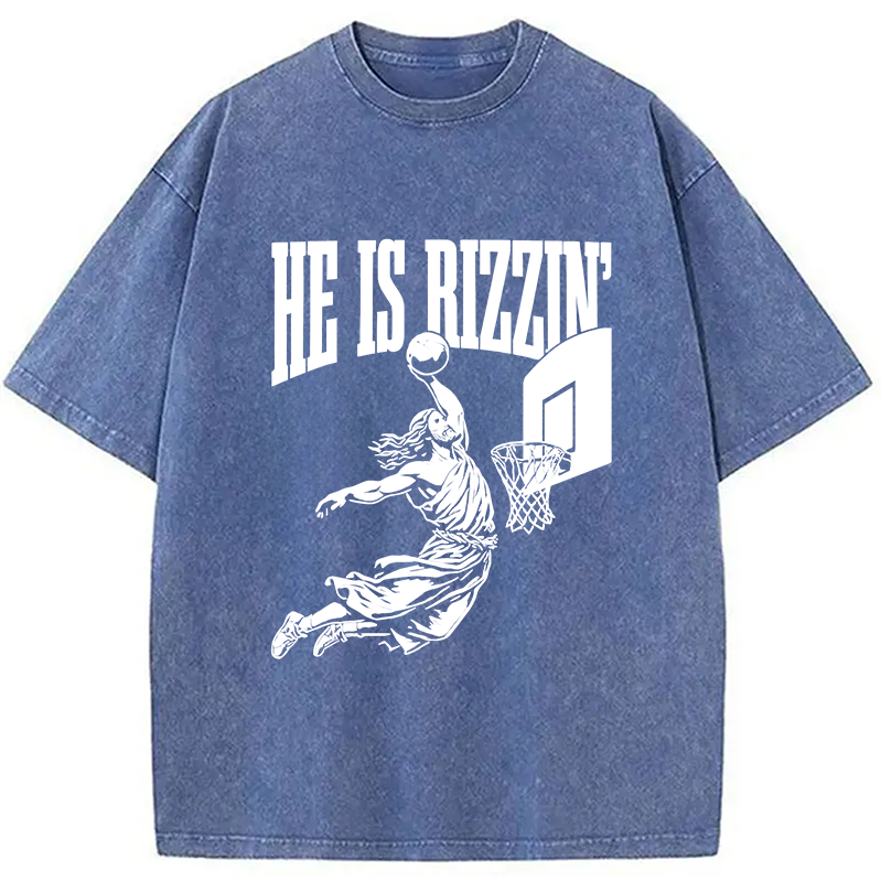 Modecanvas He Is Rizzin Funny Jesus Basketball Meme Washed T-Shirt-modecanvas