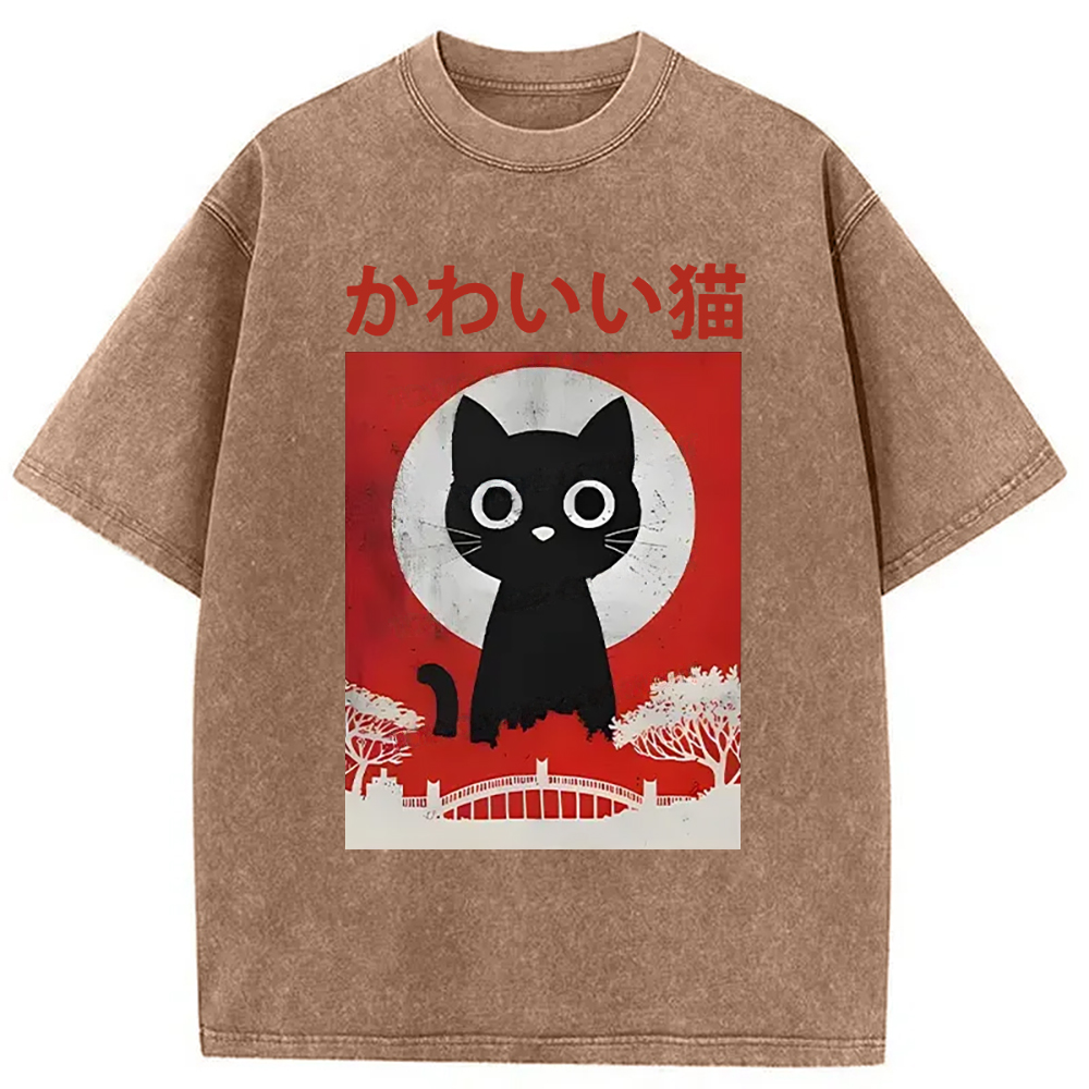 Modecanvas Cute Retro Cat Washed T-Shirt