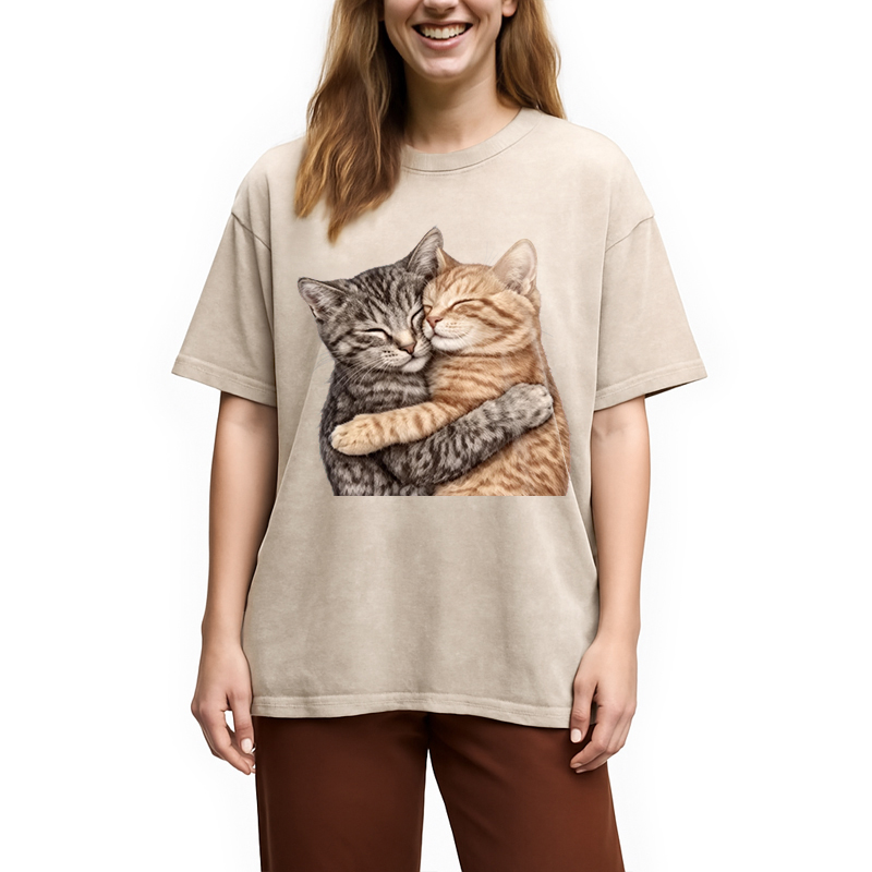 Modecanvas Cute Huggable Cat DTG Printing Washed T-Shirt