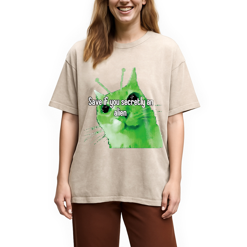 Modecanvas Alien Cat Meme Funny DTG Printing Washed T-Shirt