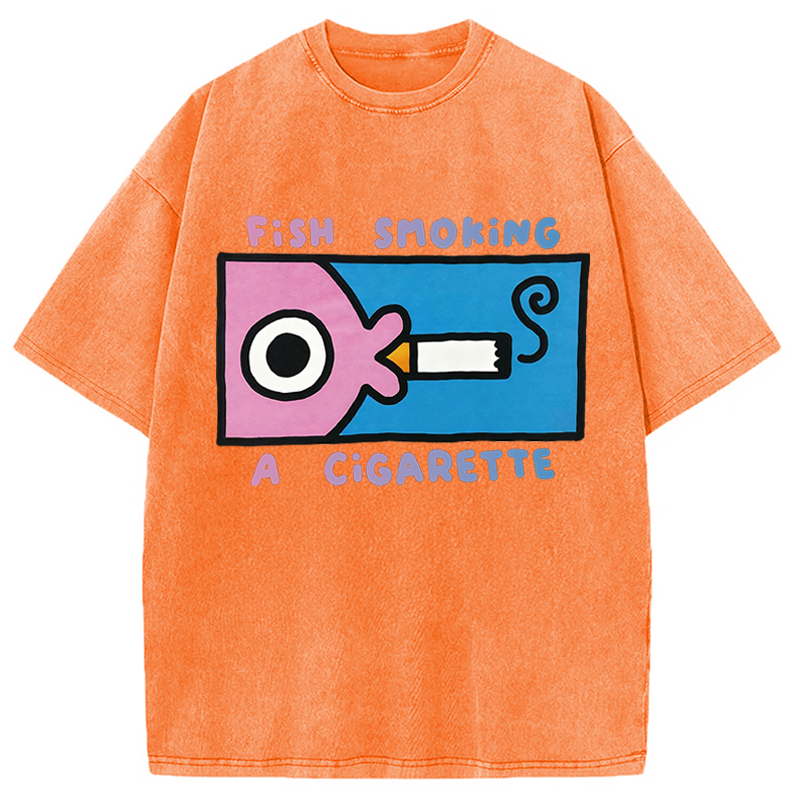 Modecanvas Fish Smoking A Cigarette DTG Printing Washed T-Shirt