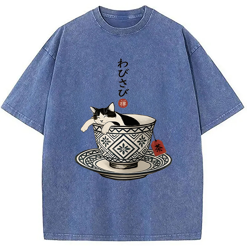Modecanvas A Cozy Cat In A Teacup Washed T-Shirt-modecanvas