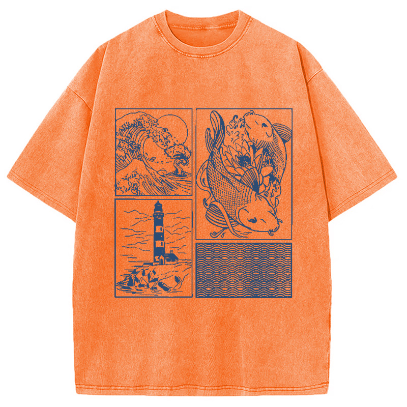 Modecanvas Vintage Minimalist Marine Life Japan Washed T-Shirt