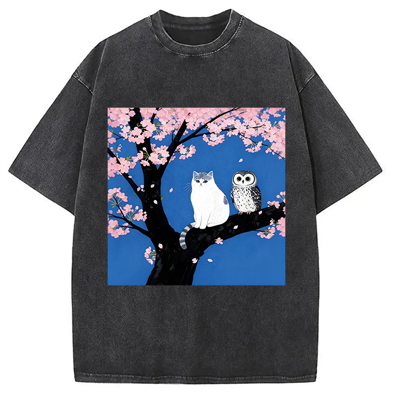 Modecanvas Cat And Owl Under Sakura DTG Printing Washed T-Shirt
