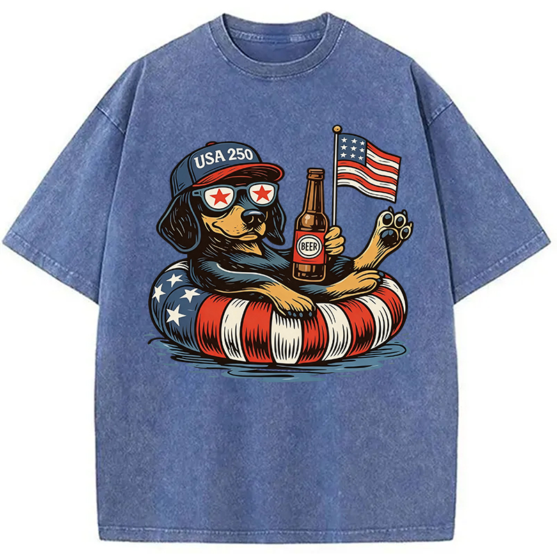Modecanvas Funny 4th Of July Dachshund DTG Printing Washed T-Shirt