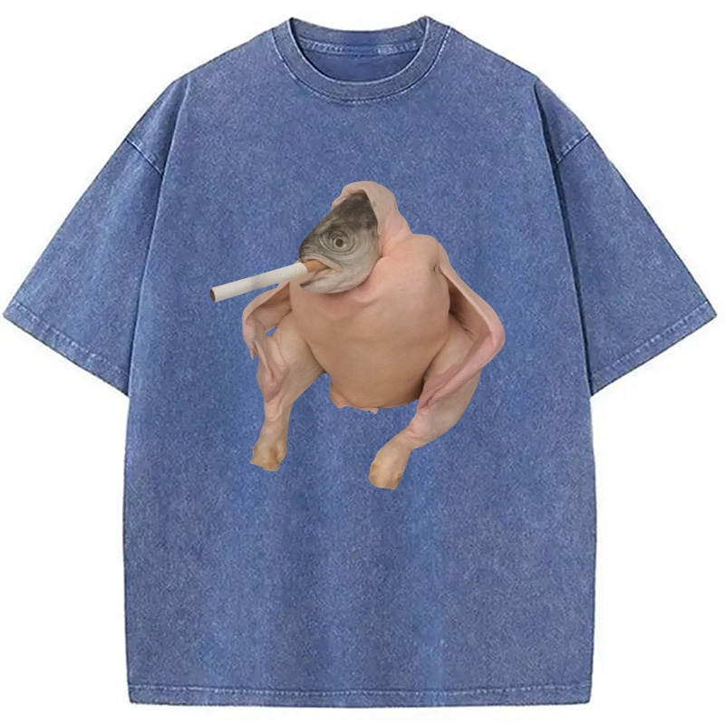 Modecanvas Fish Chicken Face Smoking a Cigarette Funny Meme Washed T-Shirt