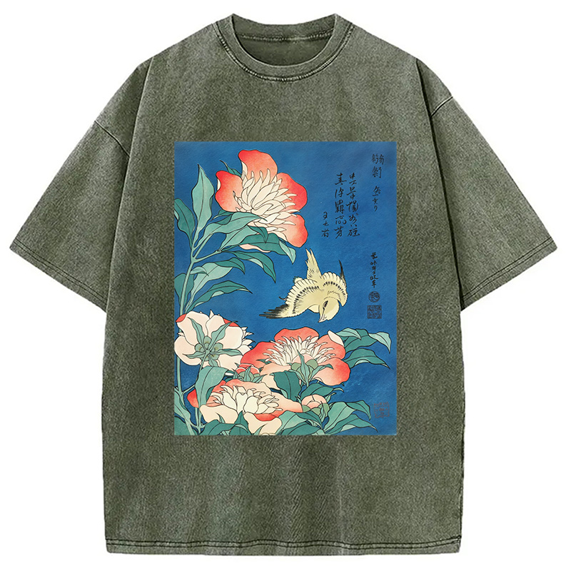 Modecanvas Hokusai Flowers Peonies Bird Washed T-Shirt