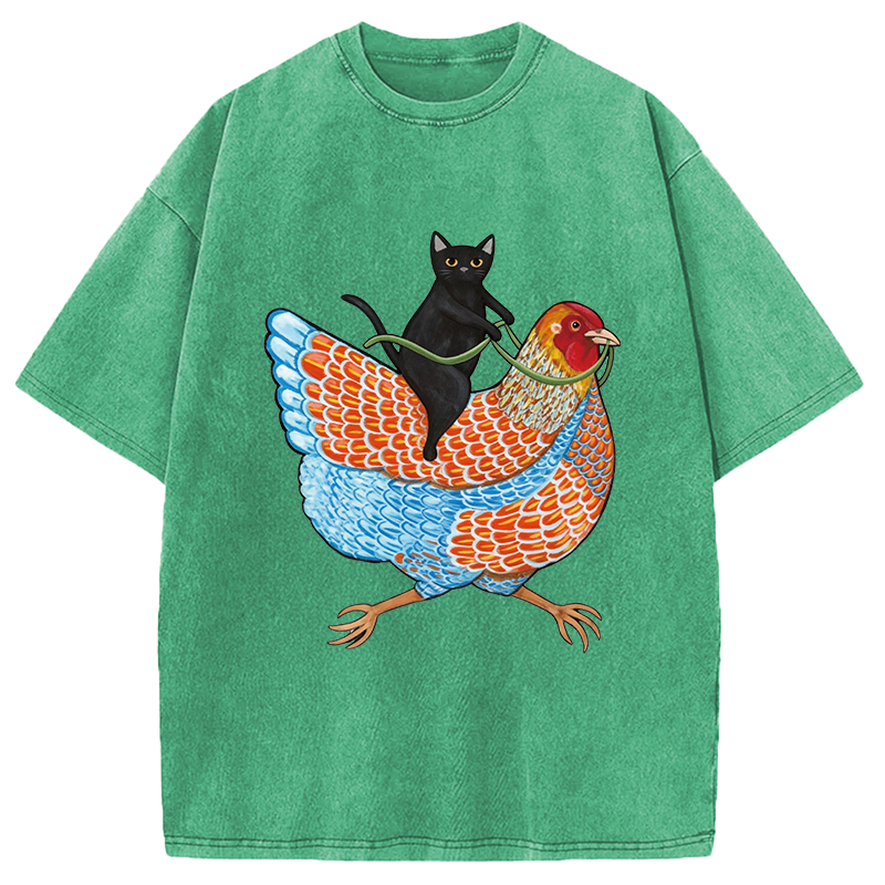 Modecanvas Black Cat On a Wyandotte Chicken Washed T-Shirt-modecanvas