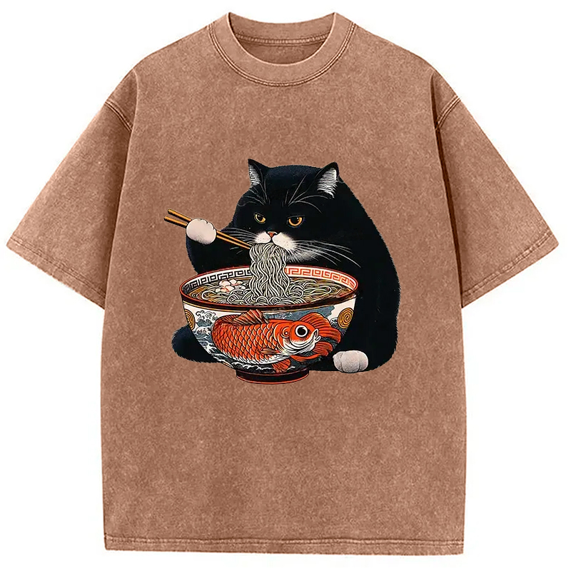 Modecanvas Fat Cat Eating Ramen Washed T-Shirt-modecanvas