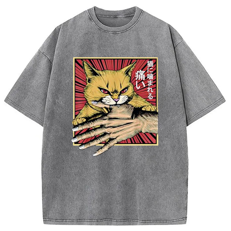Modecanvas Anime Cat Bite Japanese Art Retro Washed T-Shirt