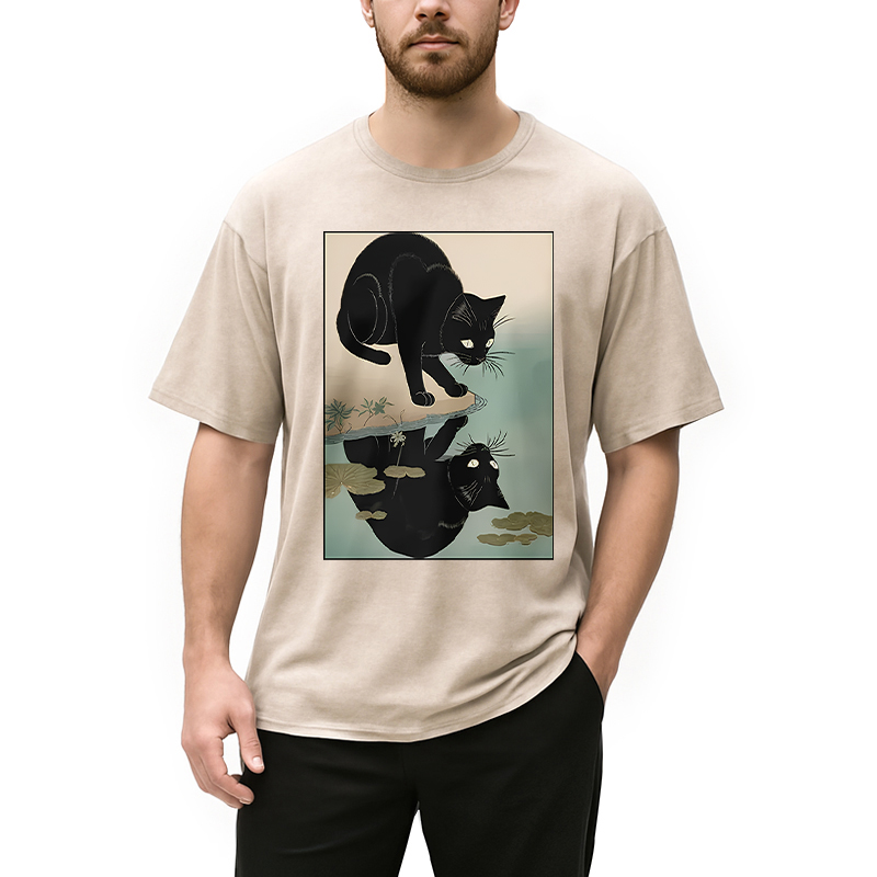 Modecanvas Cat Drinking River Water Washed T-Shirt