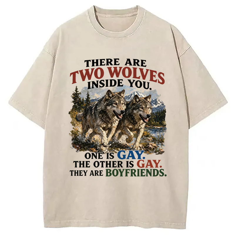 Modecanvas Two Wolves Gay Boyfriends Meme DTG Printing Washed T-Shirt