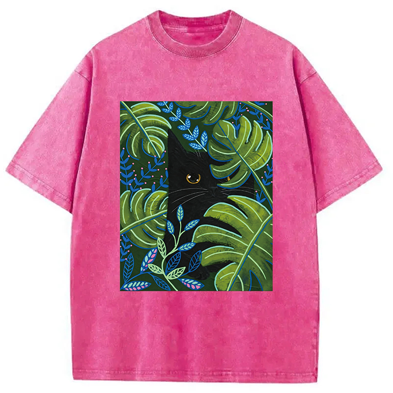 Modecanvas Cat In The Monstera DTG Printing Washed T-Shirt