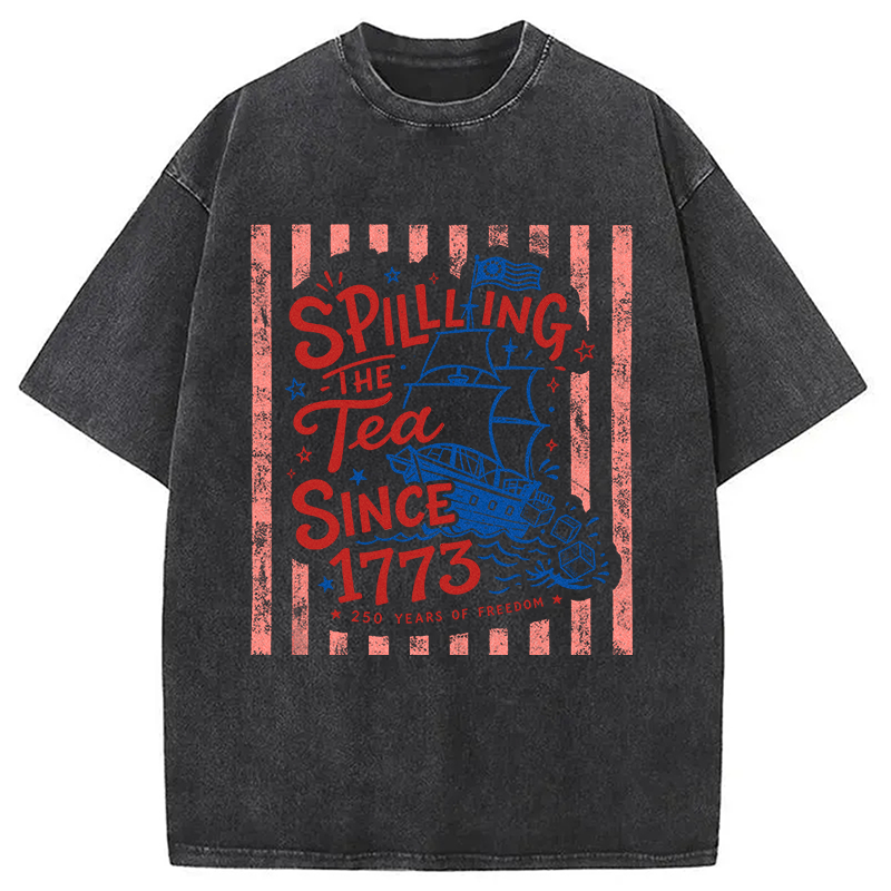 Modecanvas Striped Spilling The Tea Since 1773 DTG Printing Washed T-Shirt