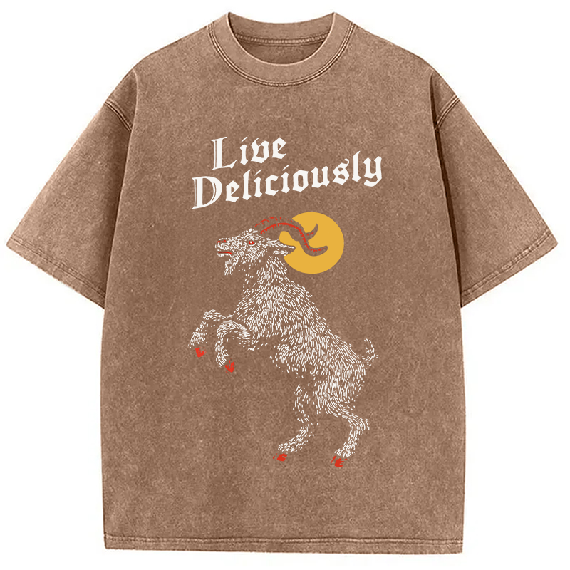 Modecanvas Black Philip Live Deliciously DTG Printing Washed T-Shirt