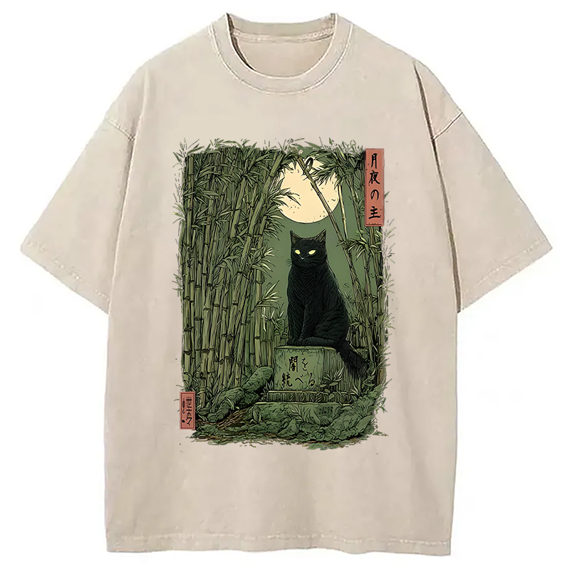 Modecanvas Black Cat In The Bamboo Forest Washed T-Shirt-modecanvas