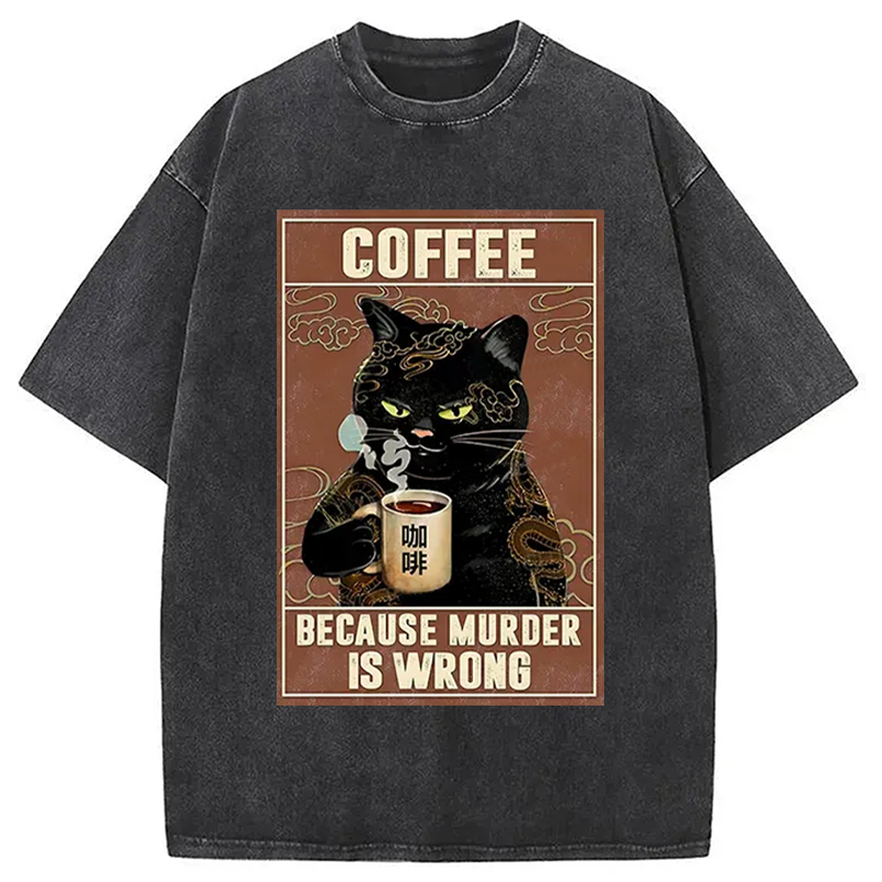 Modecanvas Cat Drinking Coffee Washed T-Shirt