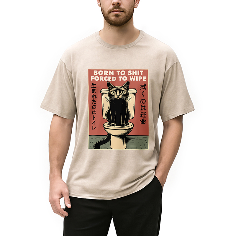 Modecanvas Born To Shit Forced To Wipe Funny Cat Meme Washed T-Shirt