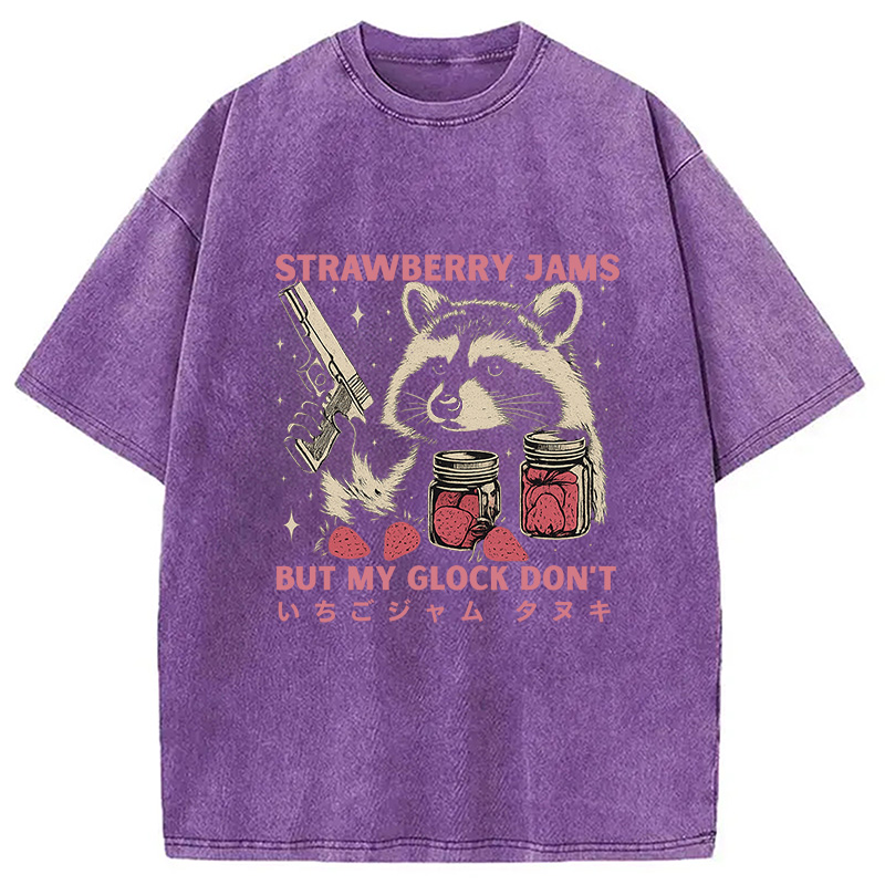 Modecanvas Strawberry Jams Funny Raccoon Washed T-Shirt For Sale