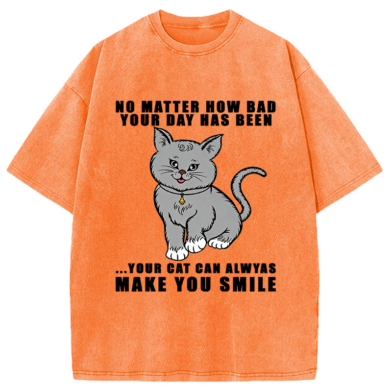 Modecanvas Funny Cat Make You Smile DTG Printing Washed T-Shirt