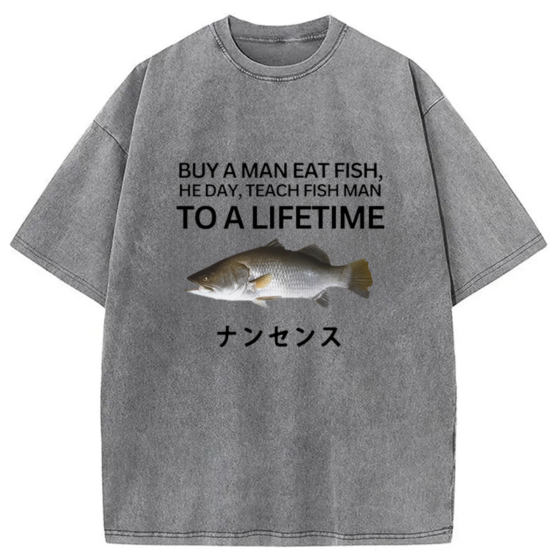 Modecanvas Buy a Man Eat Fish Washed T-Shirt-modecanvas