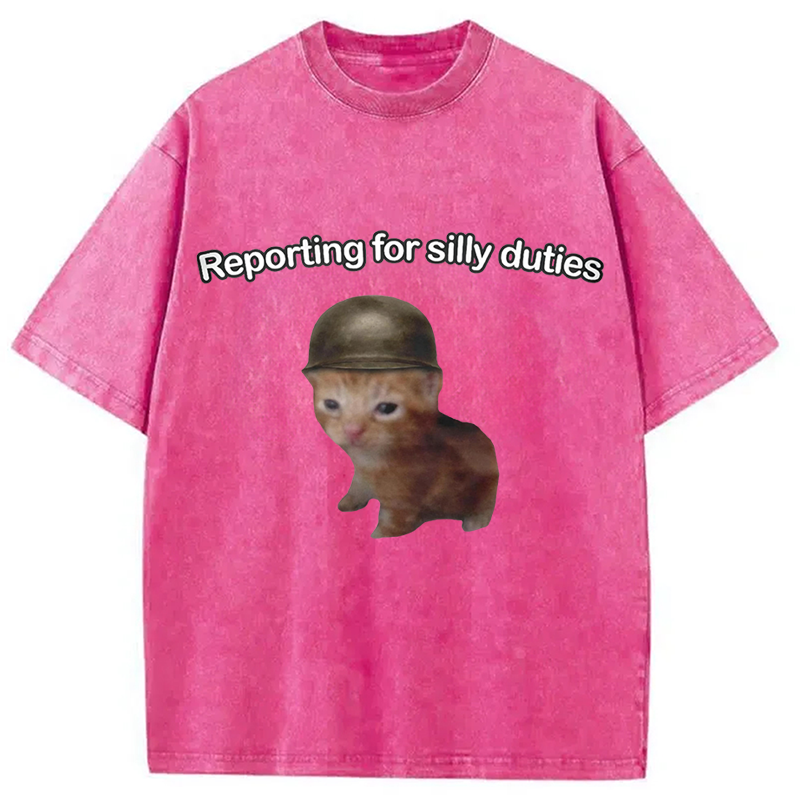 Modecanvas Reporting for Silly Duties Funny Cat Meme DTG Printing Washed T-Shirt